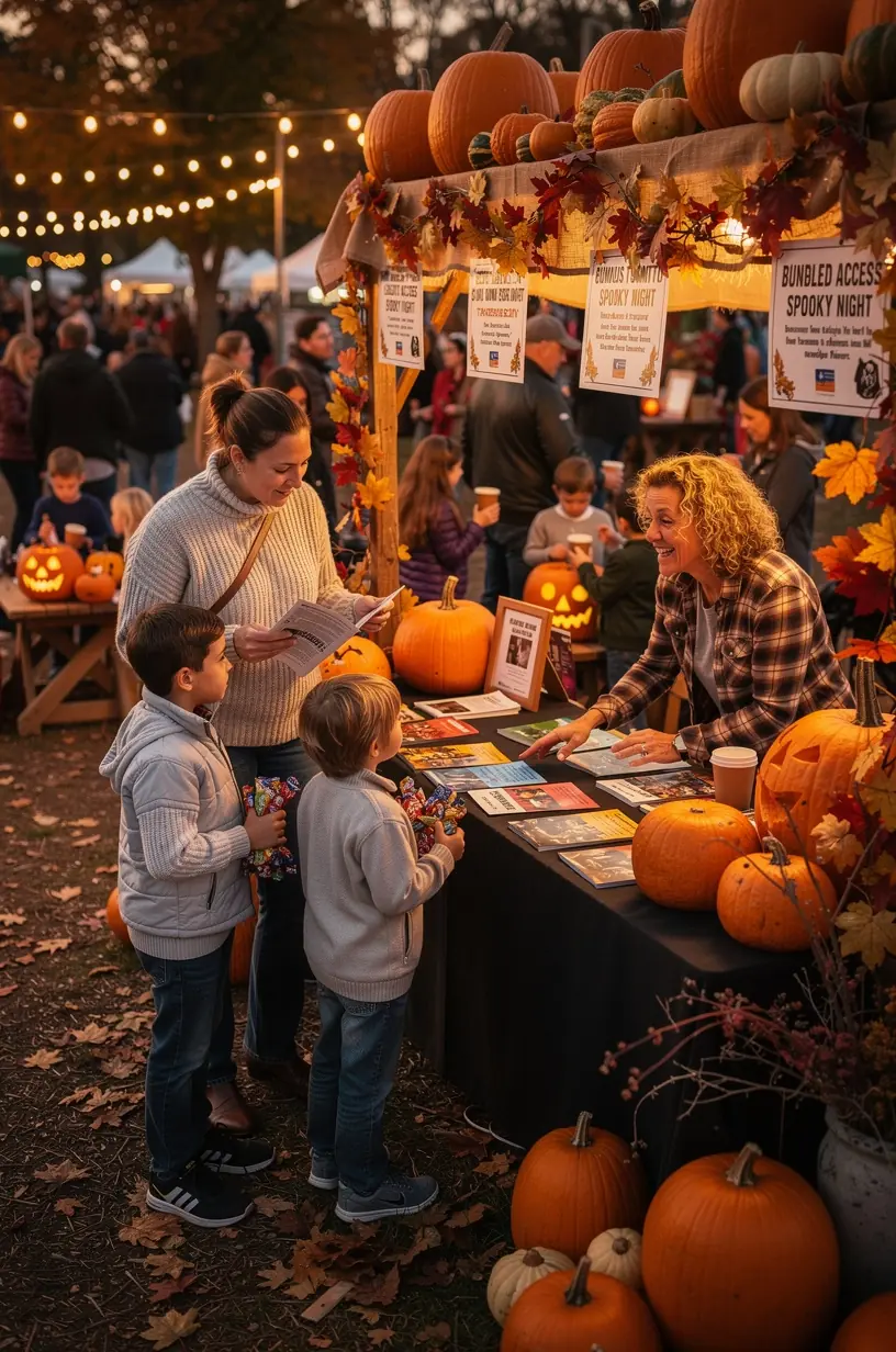 Люди разных возрастов в очереди у стенда, предлагающего комплексные билеты на культурные события.